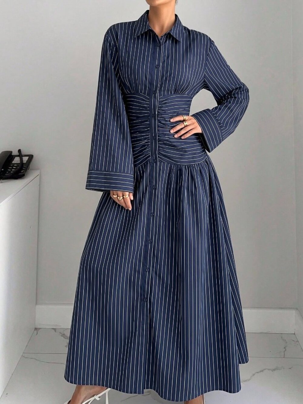 Multicolor Striped Casual Women's Pleated Dress - Picture 3 of 5